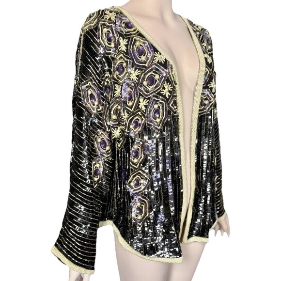 Vtg Oleg Cassini Sparkly Beaded Sequin Jacket Embellished Pearls Open Front Sz L - Picture 7 of 16